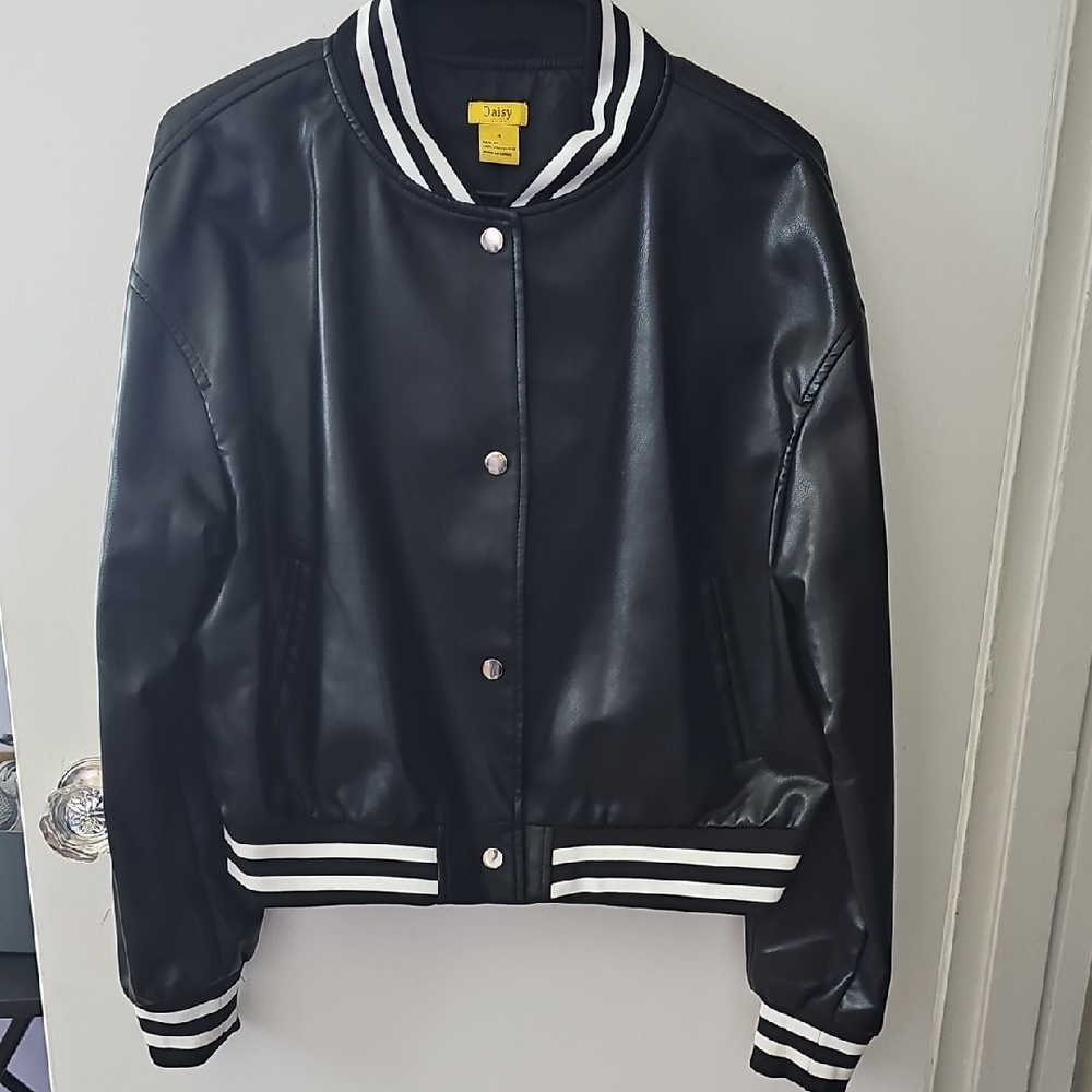 Daisy Black Faux Leather Varsity Jacket with White Stripe Trim